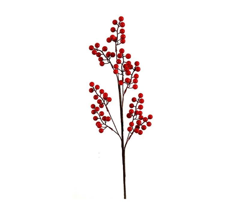 Branche décorative Noël H76cm avec baies rouges brillantes synthétiques sur tiges ramifiées