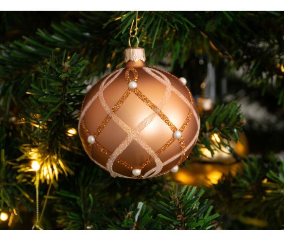 Boule de Noël verre cuivré motif losanges paillettes dorées perles blanches D8cm