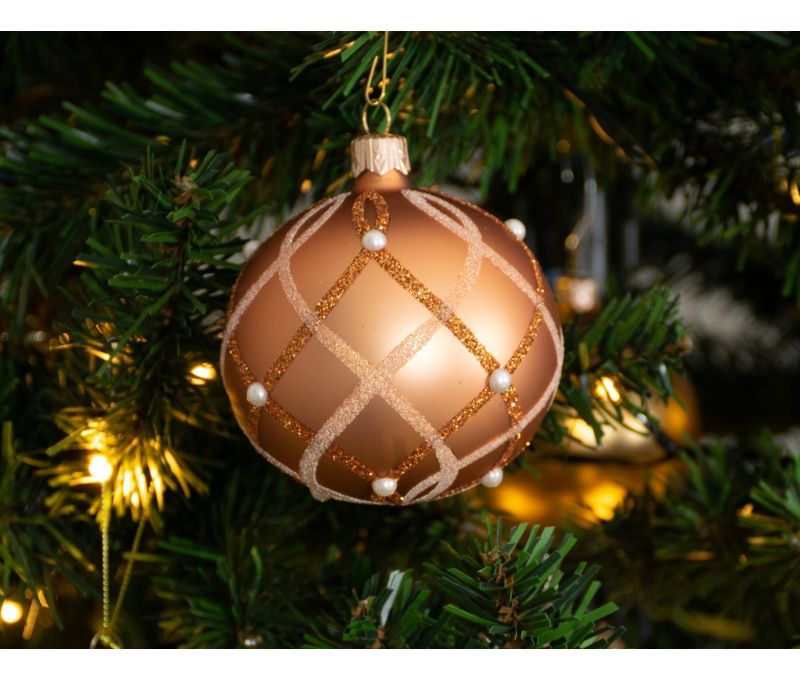 Boule de Noël verre cuivré motif losanges paillettes dorées perles blanches D8cm