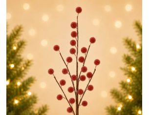 Branche décorative Noël H74cm avec grosses baies rouges givrées synthétiques sur tiges ramifiées