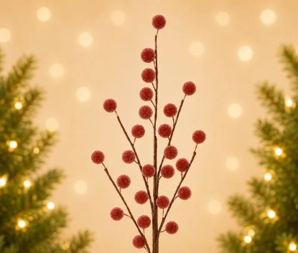 Branche décorative Noël H74cm avec grosses baies rouges givrées synthétiques sur tiges ramifiées