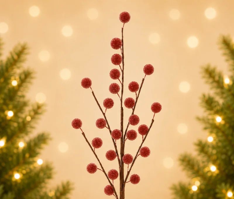 Branche décorative Noël H74cm avec grosses baies rouges givrées synthétiques sur tiges ramifiées