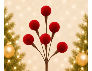 Branche décorative Noël H42cm avec 6 boules en velours rouge sur tiges ramifiées individuelles