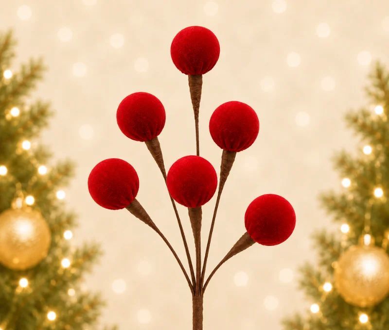 Branche décorative Noël H42cm avec 6 boules en velours rouge sur tiges ramifiées individuelles