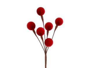 Branche décorative Noël H42cm avec 6 boules en velours rouge sur tiges ramifiées individuelles