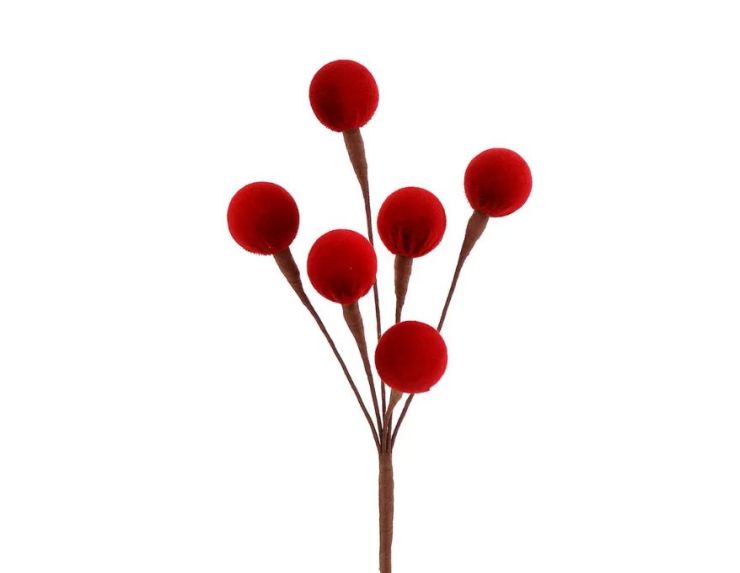 Branche décorative Noël H42cm avec 6 boules en velours rouge sur tiges ramifiées individuelles