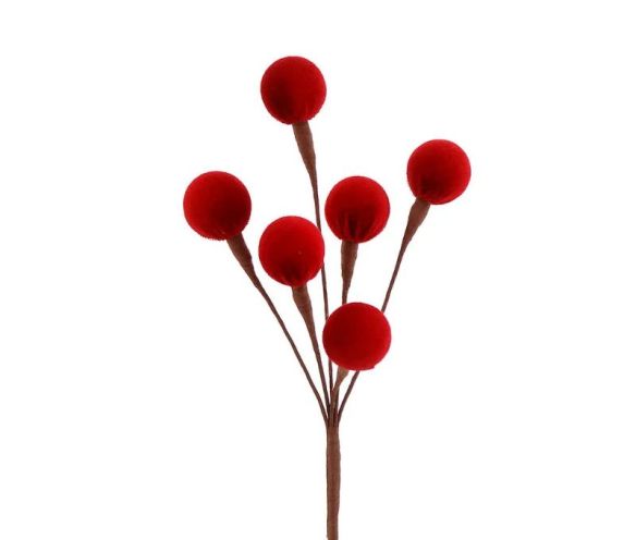 Branche décorative Noël H42cm avec 6 boules en velours rouge sur tiges ramifiées individuelles