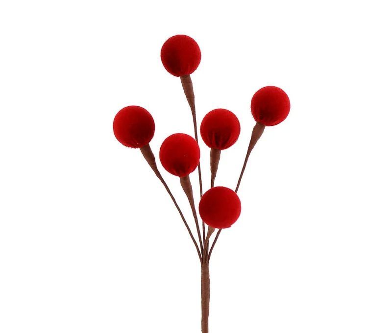Branche décorative Noël H42cm avec 6 boules en velours rouge sur tiges ramifiées individuelles