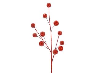 Branche décorative Noël H69cm avec petites boules à facettes recouvertes de sequins rouges scintillants