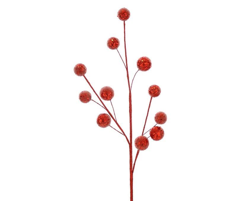 Branche décorative Noël H69cm avec petites boules à facettes recouvertes de sequins rouges scintillants