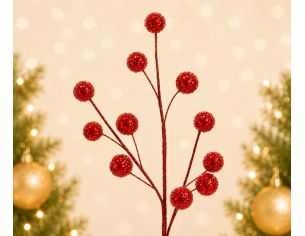 Branche décorative Noël H69cm avec petites boules à facettes recouvertes de sequins rouges scintillants