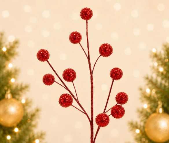 Branche décorative Noël H69cm avec petites boules à facettes recouvertes de sequins rouges scintillants