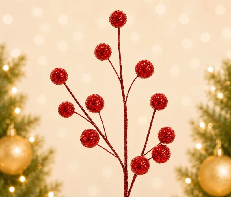 Branche décorative Noël H69cm avec petites boules à facettes recouvertes de sequins rouges scintillants