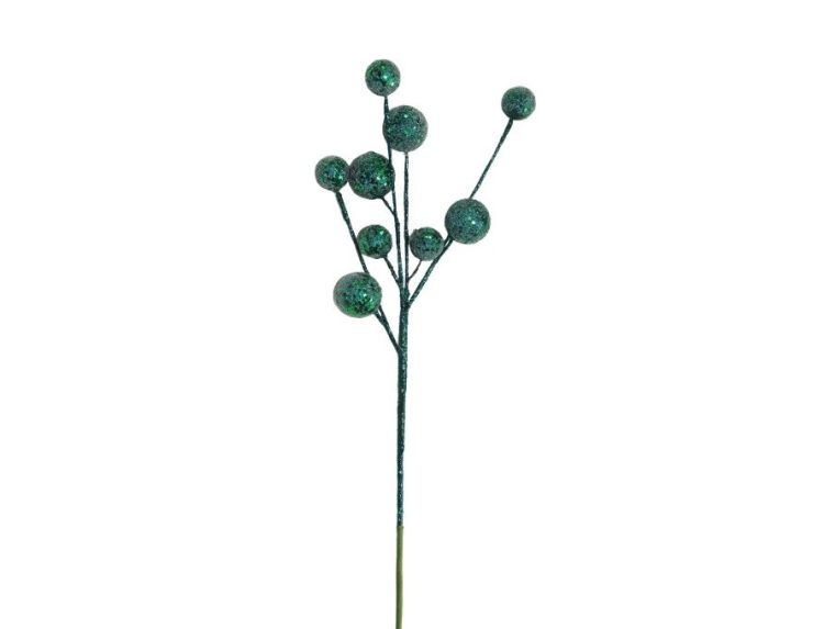 Branche décorative Noël H69cm avec petites boules à facettes recouvertes de sequins verts scintillants
