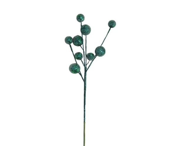 Branche décorative Noël H69cm avec petites boules à facettes recouvertes de sequins verts scintillants