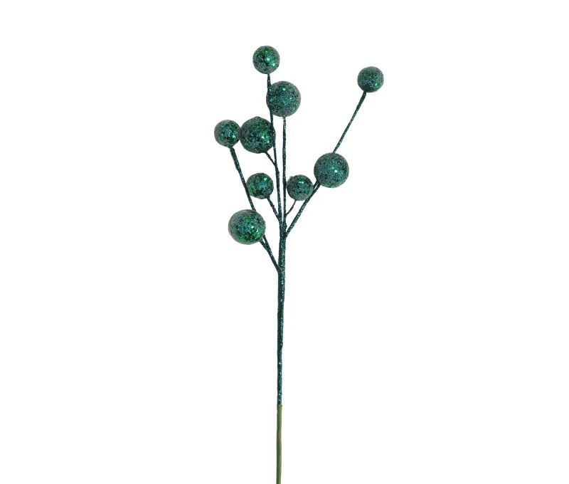 Branche décorative Noël H69cm avec petites boules à facettes recouvertes de sequins verts scintillants