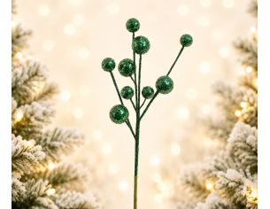 Branche décorative Noël H69cm avec petites boules à facettes recouvertes de sequins verts scintillants