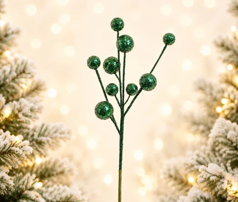 Branche décorative Noël H69cm avec petites boules à facettes recouvertes de sequins verts scintillants