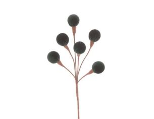Branche décorative Noël H42cm avec 6 boules en velours vert sapin sur tiges ramifiées