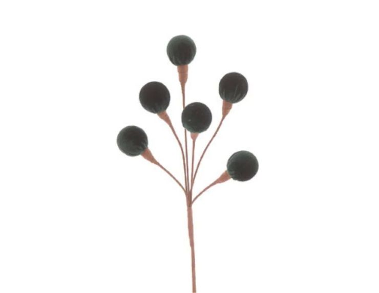 Branche décorative Noël H42cm avec 6 boules en velours vert sapin sur tiges ramifiées