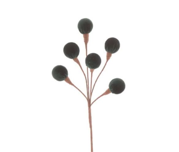 Branche décorative Noël H42cm avec 6 boules en velours vert sapin sur tiges ramifiées