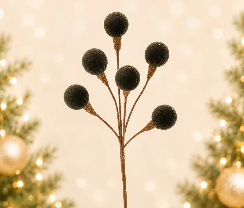 Branche décorative Noël H42cm avec 6 boules en velours vert sapin sur tiges ramifiées