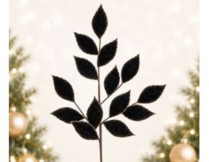 Branche décorative Noël H75cm avec feuilles en velours bleu nuit aux bords dorés sur tige ramifiée