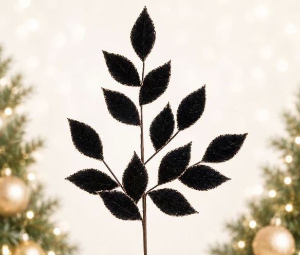 Branche décorative Noël H75cm avec feuilles en velours bleu nuit aux bords dorés sur tige ramifiée