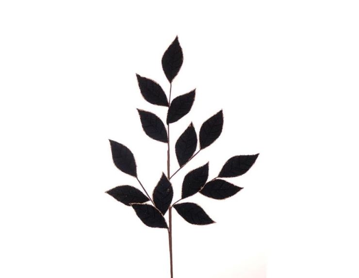 Branche décorative Noël H75cm avec feuilles en velours bleu nuit aux bords dorés sur tige ramifiée
