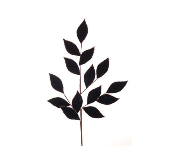 Branche décorative Noël H75cm avec feuilles en velours bleu nuit aux bords dorés sur tige ramifiée