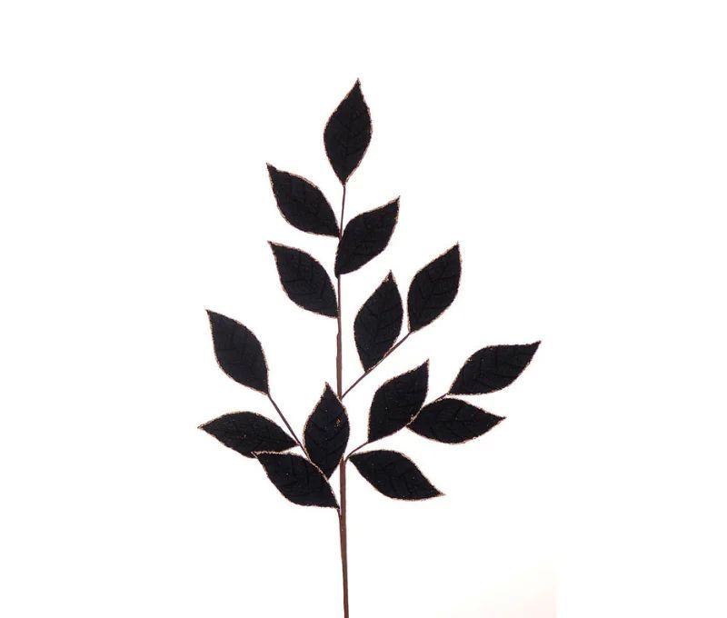 Branche décorative Noël H75cm avec feuilles en velours bleu nuit aux bords dorés sur tige ramifiée
