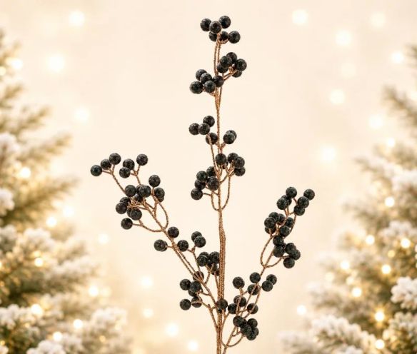 Branche décorative Noël H75cm avec grappes de baies synthétiques vert sapin sur tiges ramifiées