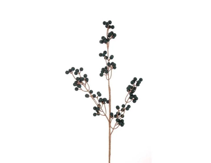 Branche décorative Noël H75cm avec grappes de baies synthétiques vert sapin sur tiges ramifiées