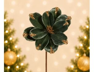 Branche fleur velours vert céladon H50cm avec pointes de pétales dorées pailletées sur tige métallique