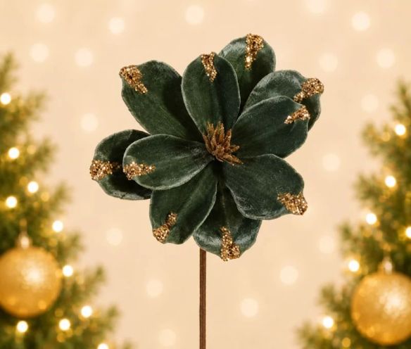Branche fleur velours vert céladon H50cm avec pointes de pétales dorées pailletées sur tige métallique