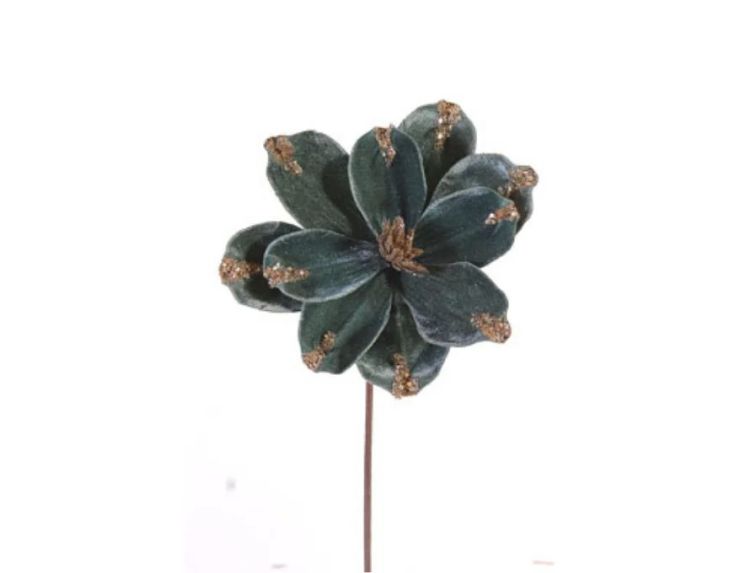 Branche fleur velours vert céladon H50cm avec pointes de pétales dorées pailletées sur tige métallique