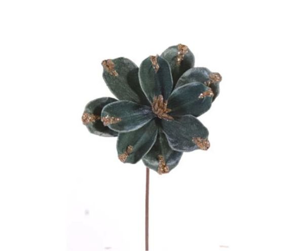 Branche fleur velours vert céladon H50cm avec pointes de pétales dorées pailletées sur tige métallique