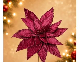 Fleur poinsettia velours bordeaux à clip H30cm, pétales nervurés aux bords pailletés, fixation sapin