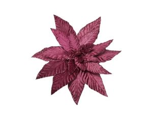 Fleur poinsettia velours bordeaux à clip H30cm, pétales nervurés aux bords pailletés, fixation sapin