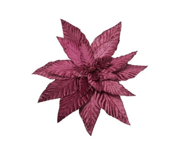 Fleur poinsettia velours bordeaux à clip H30cm, pétales nervurés aux bords pailletés, fixation sapin
