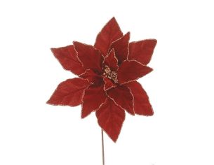 Fleur Poinsettia velours rouge Ø32cm, bords et nervures dorés pailletés, cœur doré, sur tige métallique