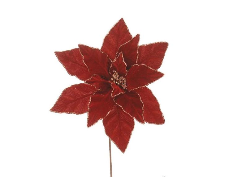 Fleur Poinsettia velours rouge Ø32cm, bords et nervures dorés pailletés, cœur doré, sur tige métallique