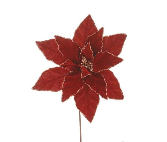 Fleur Poinsettia velours rouge Ø32cm, bords et nervures dorés pailletés, cœur doré, sur tige métallique