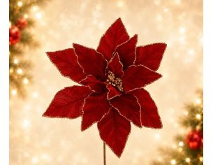 Fleur Poinsettia velours rouge Ø32cm, bords et nervures dorés pailletés, cœur doré, sur tige métallique