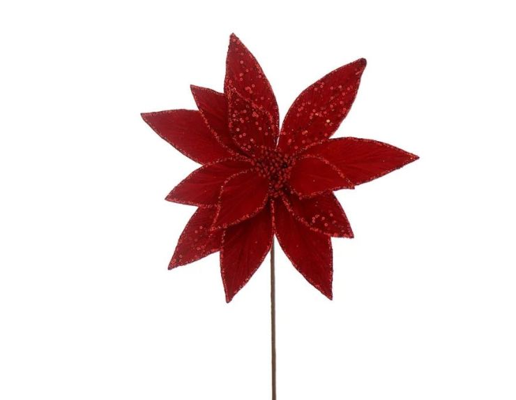Fleur Poinsettia rouge Ø29cm H45cm, pétales et cœur entièrement recouverts de sequins rouges scintillants