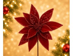 Fleur Poinsettia rouge Ø29cm H45cm, pétales et cœur entièrement recouverts de sequins rouges scintillants