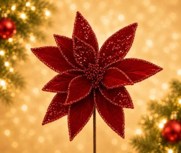 Fleur Poinsettia rouge Ø29cm H45cm, pétales et cœur entièrement recouverts de sequins rouges scintillants