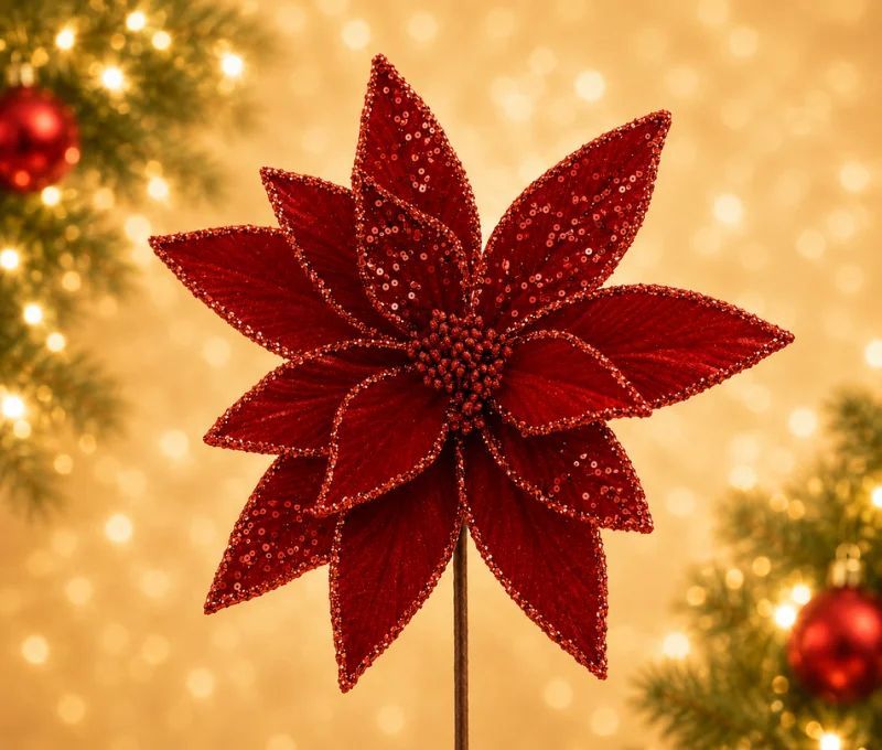 Fleur Poinsettia rouge Ø29cm H45cm, pétales et cœur entièrement recouverts de sequins rouges scintillants
