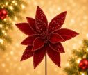 Voir la slide Fleur Poinsettia rouge Ø29cm H45cm, pétales et cœur entièrement recouverts de sequins rouges scintillants