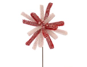 Branche fleur H45cm composée de rubans sequins rouge et blanc en étoile, cœur perles, sur tige métallique